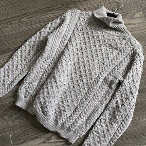 Inis Crafts • Gray Irish Wool Honeycomb Cable Funnel Neck Fisherman Sweater • S